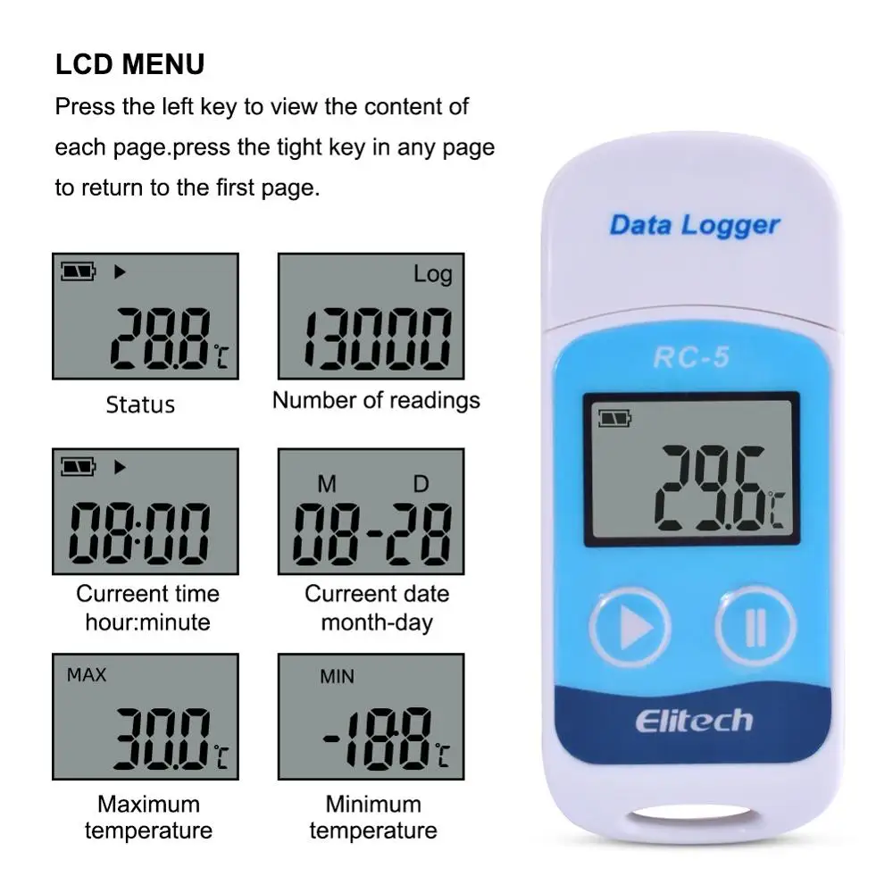 RC-5 Digital USB Temperature Data Logger Temp C/F Recorder for Warehouse Storage, Refrigerated ,Cold Storage and Laboratory