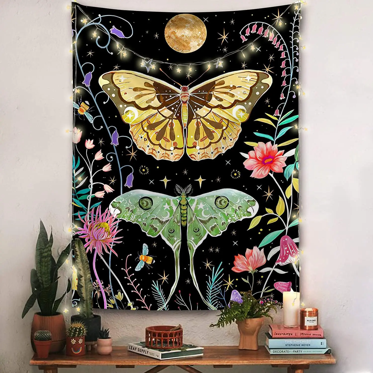 Garden tapestry moon phase tapestry flowers vines black background cloth home decoration wall carpet hanging cloth