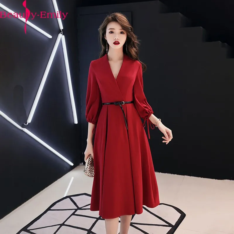 

Fashion Business Suit Style Evening Dress 2020 Sexy V Neck Tea Length Long Satin Women Dress with Sashes