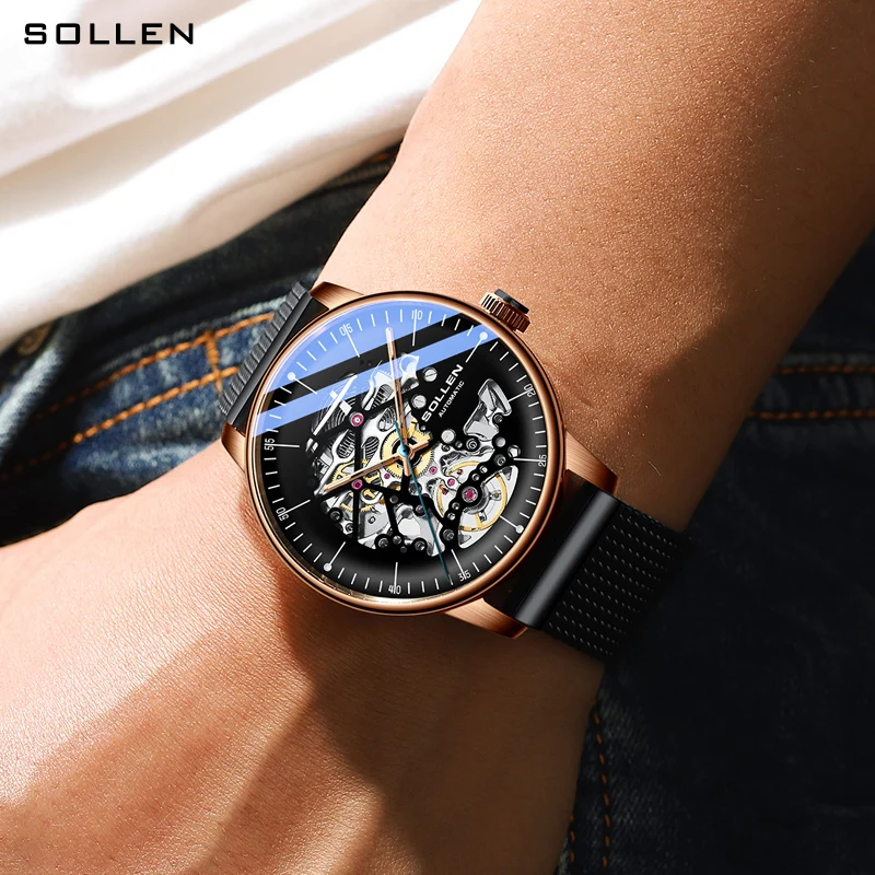 Luxury Brand Switzerland SOLLEN Japan Automatic Mechanical Men\'s Watches Sapphire Waterproof Dual Skeleton Luminous Clocks SL202