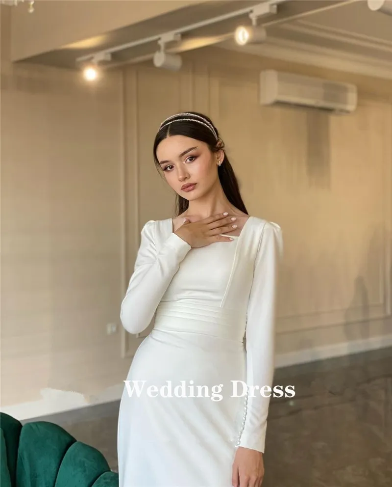 Simple Sheath Long Sleeves Wedding Dress Soft Satin Square Neck Buttons Floor Length Elegant Women Bride Formal Dresses