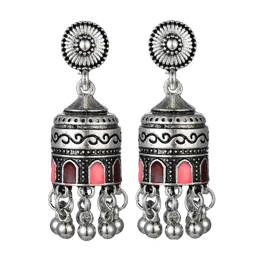 Womens Bollywood Boho Bells Indian Jhumka Earrings Ethnic Retro Oxidized Silver Color Tassel Carved Dangle Earrings For Women