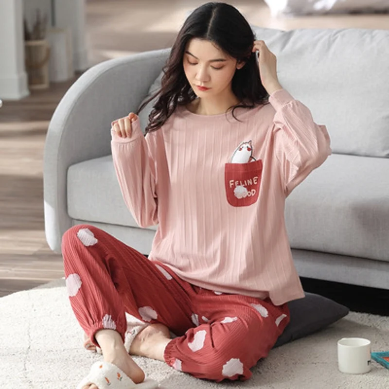 Ladies long sleeve Pajamas Set cartoon cotton pajamas Spring and autumn cotton home wear fashion pajamas long sleeve pants