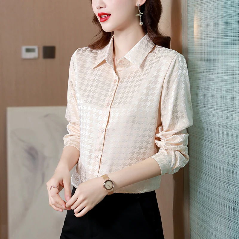 Fashion Party Houndstooth Satin Silk Shirt Women\'s Plaid Blouse Elegant Office Ladies Work Shirt Spring Autumn Long Sleeve Tops