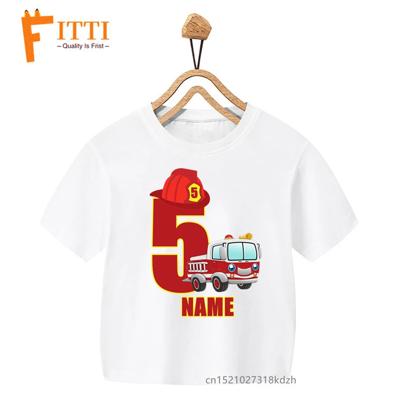 Feuerwehr Auto Geburtstag Zahlen Blume Drucken Jungen/Mädchen Weiß T-shirt Kind Sommer Kawaii Lustige Kleine Baby Kleidung, drop Schiff