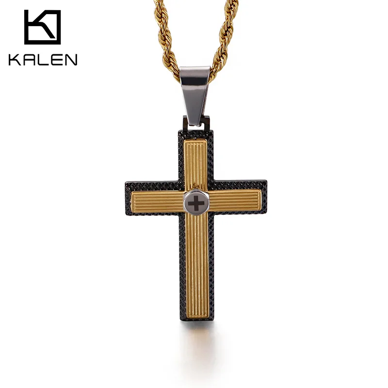 Kalen Hiphop Cross Pendant Necklace Stainless Steel Punk Men Charm Jewelry