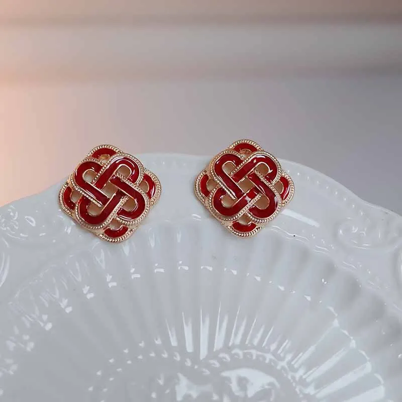 Elegante orecchino a bottone con smalto geometrico a goccia, orecchini rotondi di colore rosso, orecchini dolci retrò per le donne, orecchini da