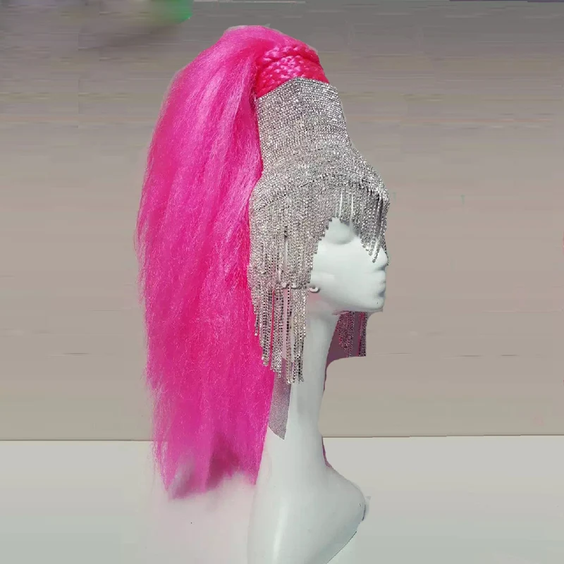 Halloween cosplay wigs Holographic Burning Man Shiny Rhinestone Wig Headdress Head Pieces Rave Stage Dancer Dj Singer HeadWear