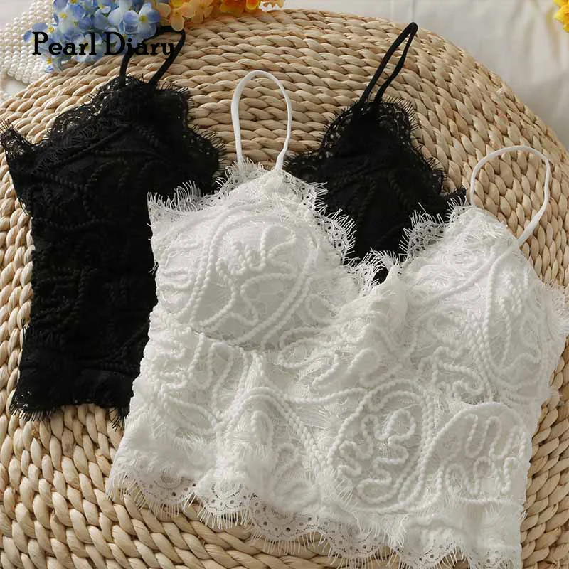 

Pearl Diary Women Sexy Lace Tops Spaghetti Strap V Neck Underwear Bra Tops Back Smocked Slim Fit Elegant Backless Tops For Girl