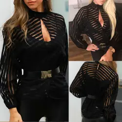 Women Mesh Net Blouse Sheer Long Sleeve Ladies Shirt Black Front Hollow Sexy Tops Womens Clothing Summer Female Blouses hot