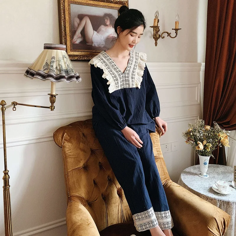 Vintage Pure Cotton Women's Pajamas Sets Sweet Female Comfortable Soft Long Sleeve Pyjamas Exquisite Embroidery Sleepwear Suits