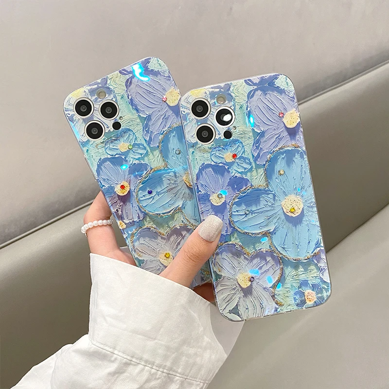 Luxury Fashion Retro Flowers Laser Phone Case For iPhone 11 12 13 14 15 16 Pro MAX X XS XR 7 8 Plus SE Soft Shockproof Cover image 2