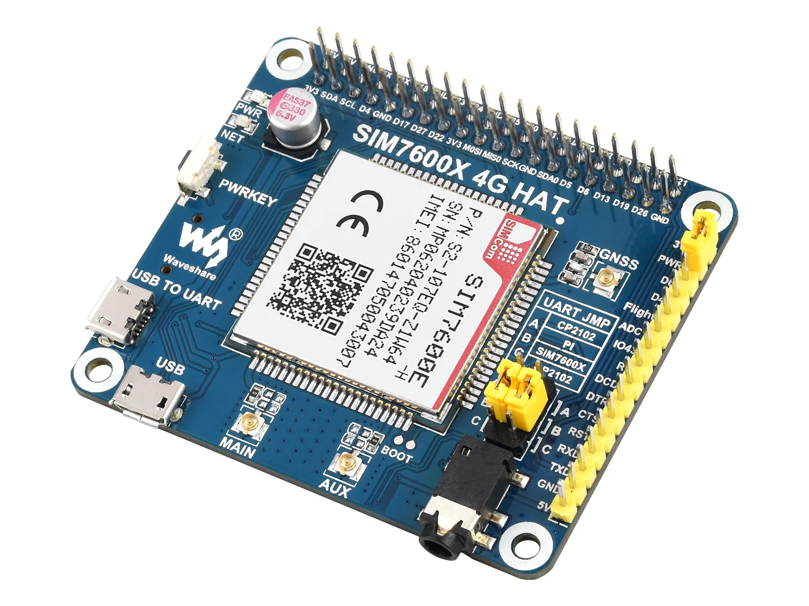 Waveshare SIM7600E-H 4G HAT dla Raspberry Pi 5/4B/3B/Zero, Raspberry Pi LTE Cat-4 4G, GNSS, Europa, Azja Południowo-Wschodnia, Azja Zachodnia, Afryka