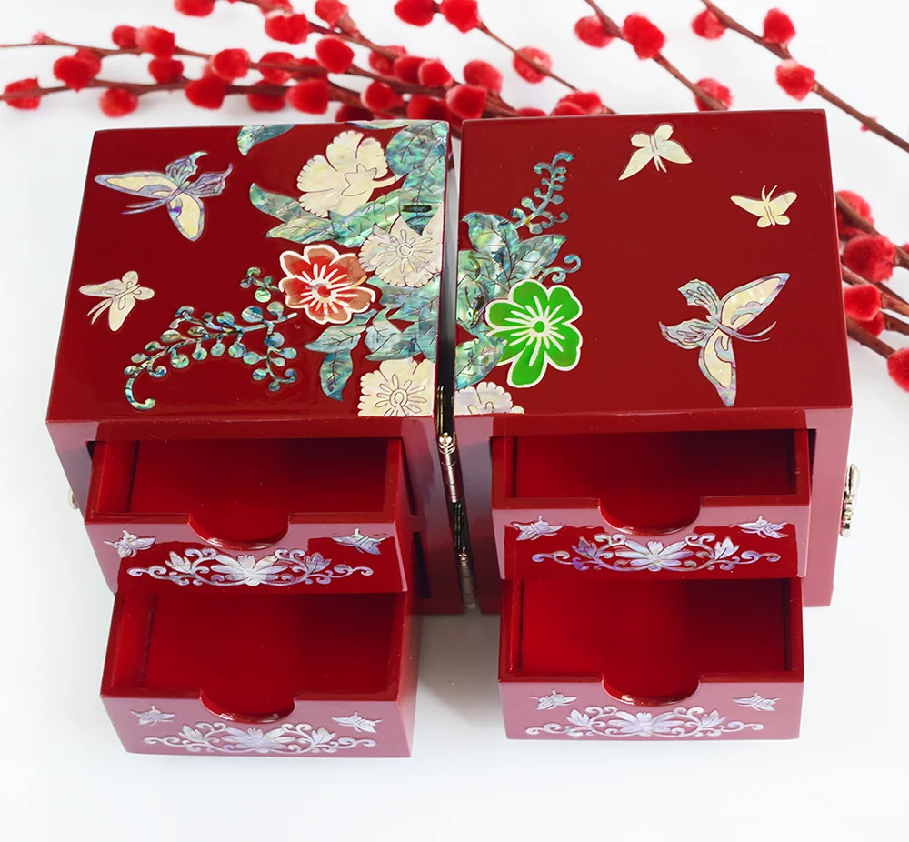 Wooden Cube Jewelry Trinket Organizer Box Mother of Pearl Handmade Peony with Butterfly Abalone shell Lacquer box Wedding Gift