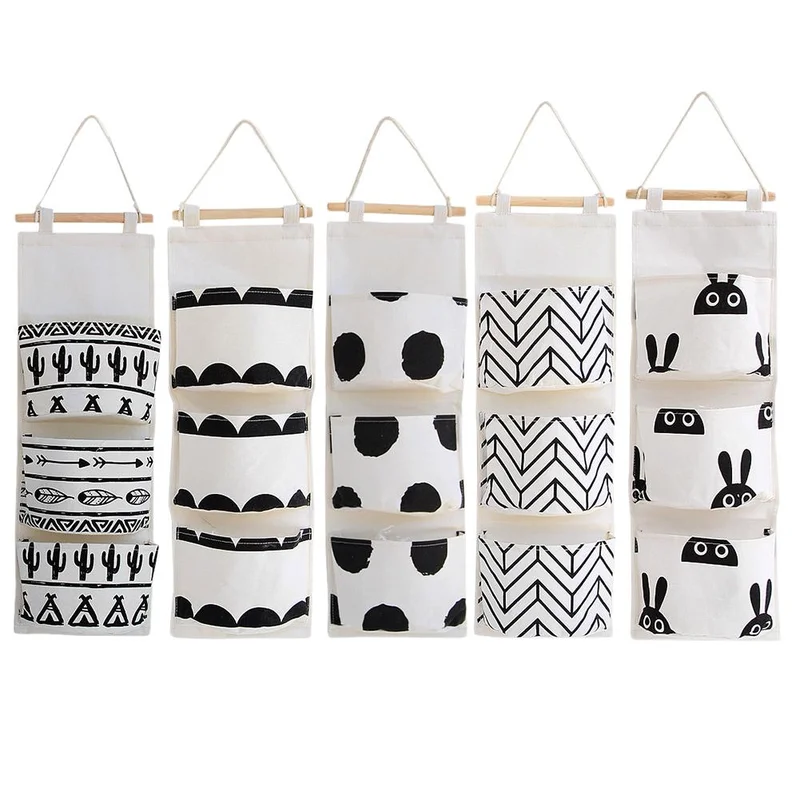 

Black And White Wall Mounted Wardrobe Organizer Sundries Storage Bag Jewelry Hanging Wall Pouch Hang Cosmetics Toys Organizer