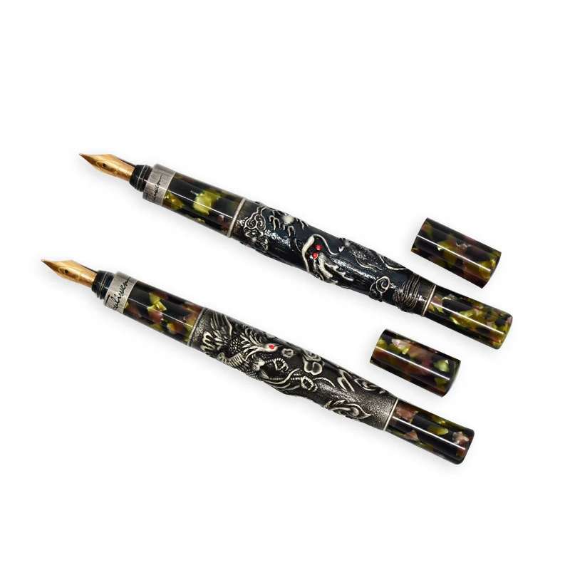 Fuliwen Ancient 10K Fountain Pen Colored Celluloid Dragon / Phoenix Fine Point 0.5mm Gift Pen & Wooden Box Ideal For Collection