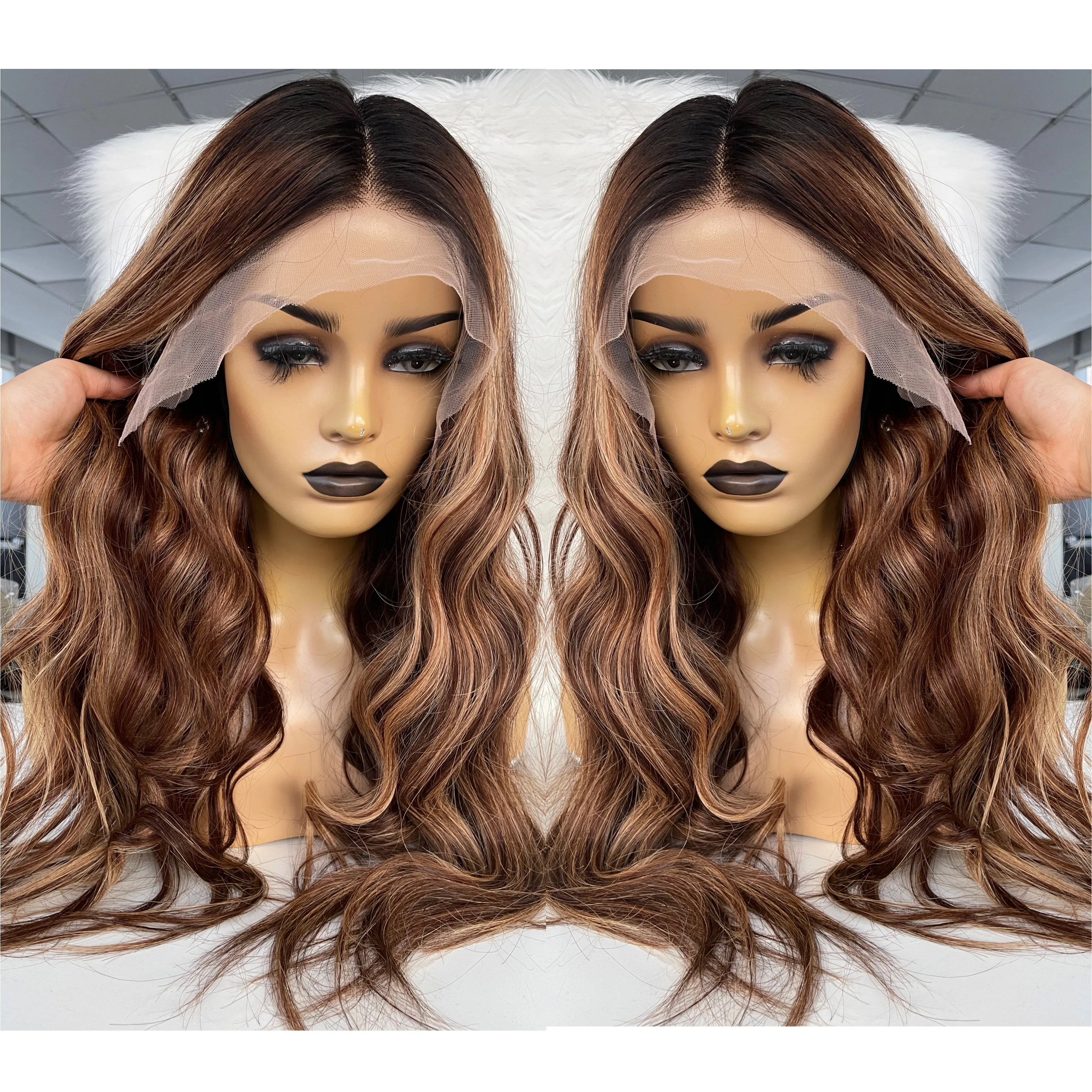 QueenKing hair Brazilian Lace Front Ombre 4/27 Wig 180% density HD Transparent Lace Small Knots Highlight Balayage Color Wig