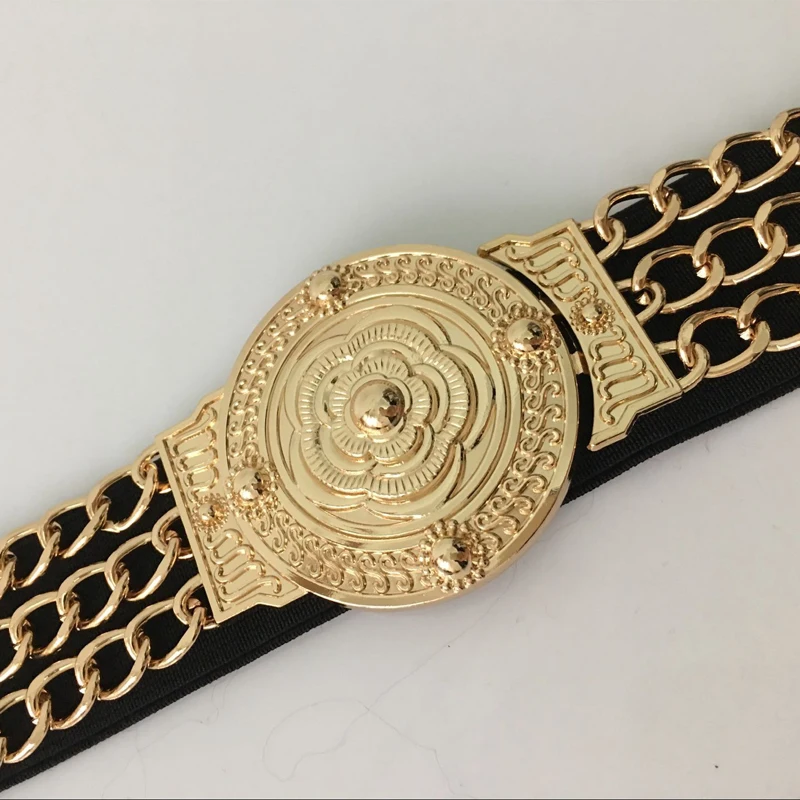 2023 Ladies Floral Elastic Gold Chain Belt Female Waist Golden Metal Flower Designer Belts For Women Dress Stretch Cummerbunds