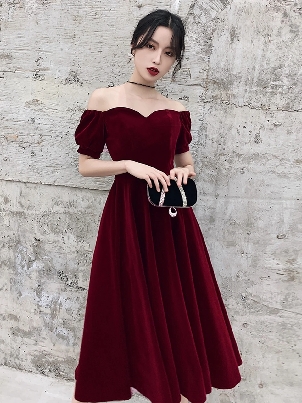 Burgundy Short Evening Dresses 2021 Off Shoulder Prom Dresses Velvet Women Formal Party Night Vestidos De Gala Graduation Gowns