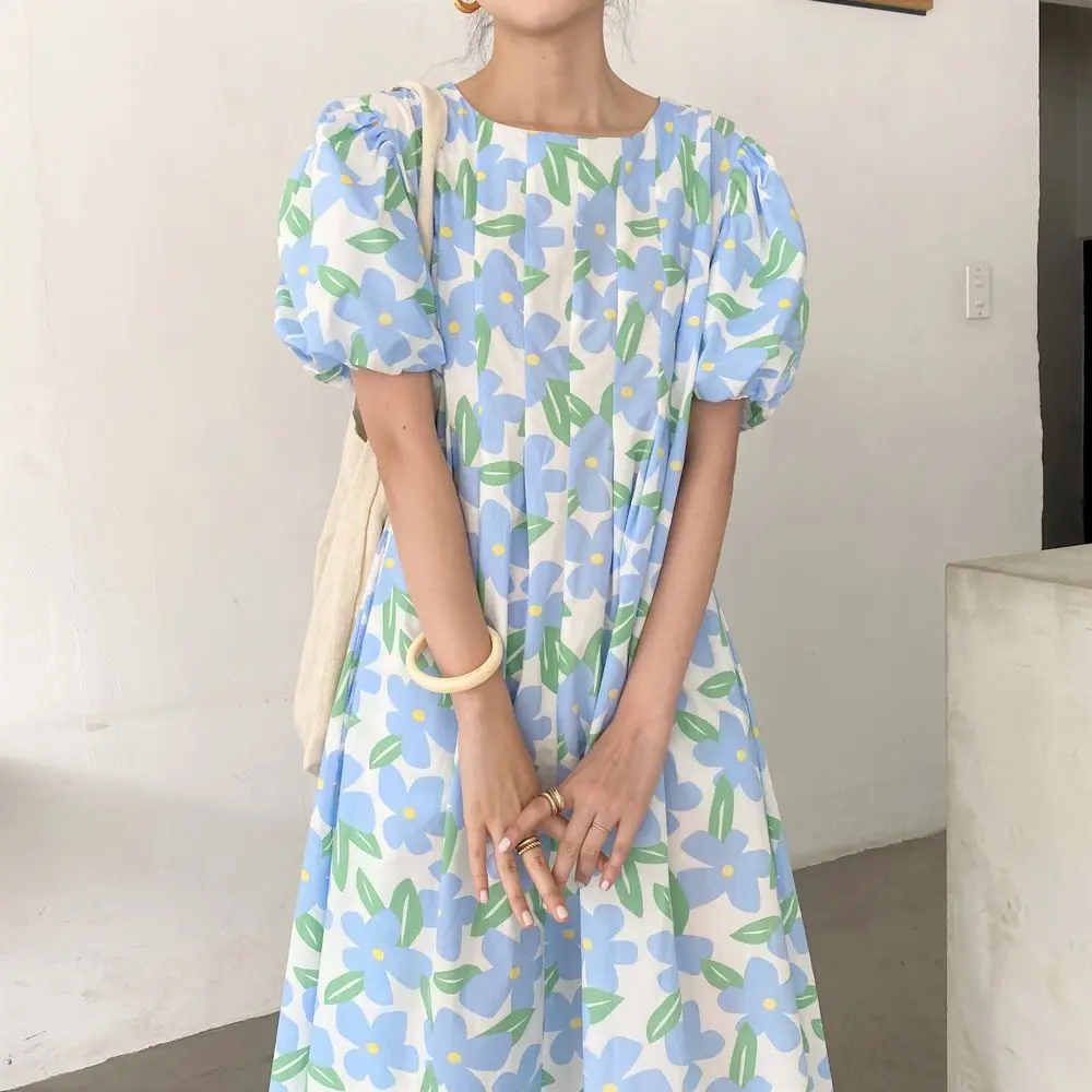 2021 Women Summer Round Collar Folds Long Floral Dress Puff Sleeve Slim Waist A-line Midi Sundress