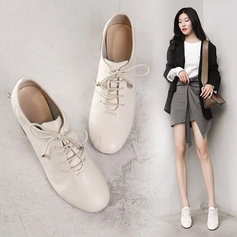 FHC NEW Deep Single Shoes,Women Mid Heels,Pointed toe,Lace-up,British Style,Female Footware,Black,Beige