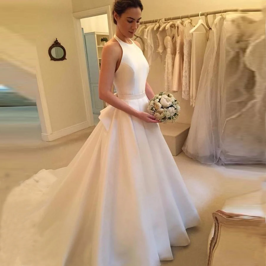 

Vintage Halter A-line Simple Wedding Dresses Garden Backless Taffeta Sweep Train Wedding Gowns With Bow robe de mariage