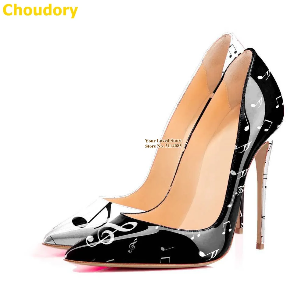 Choudory White Black Music Notes Printed High Heel Shoes 12cm Stiletto Heels Pointed Toe Patchwork Slip-on Wedding Pumps Size45