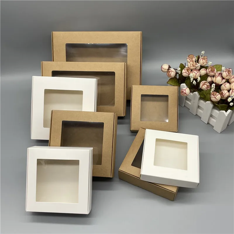 

15Pcs Kraft Paper Box Clear PVC Windows Handmade Soap Box White Craft Paper Gift Box Black Packaging Jewelry Boxes