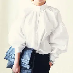 Women Lantern Sleeve Blouse  Ladies Fashion Long Cotton Tops Female Vintage Oversize Loose Stand Collar Puff White Shirts