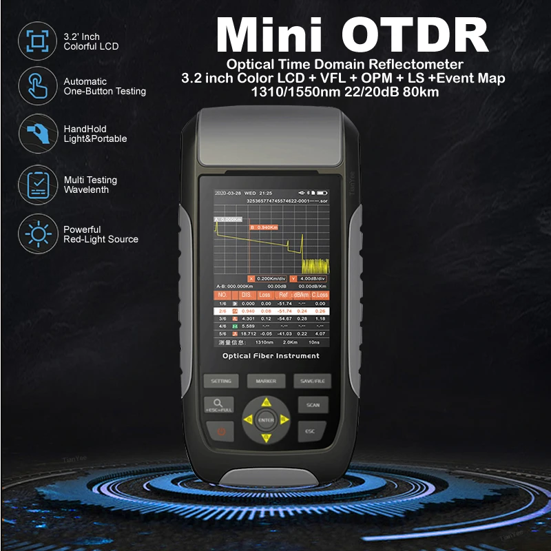 

AK-500A/B Mini OTDR Fiber Optic Reflectometer 1310/1550nm 22dB Event Map 3.2' LCD + VFL OPM 80km + Cable Ethernet Tester