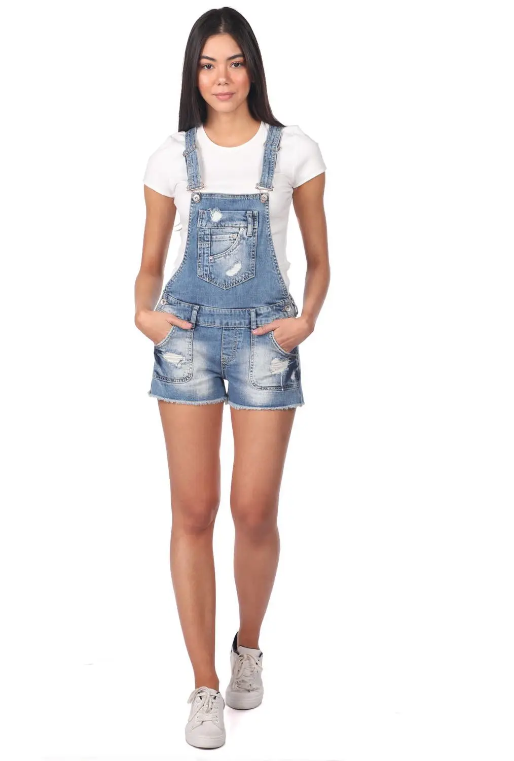 Blue White Women Jean Jumpsuit Shorts