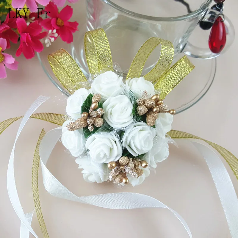 LKY Fr-Espuma Rosas Boutonniere para Casamento, Pulseira dama de honra, Pulseira Nupcial, Irmã, Menina Pulseiras, Festa Prom Decoração, Pulso Corsage