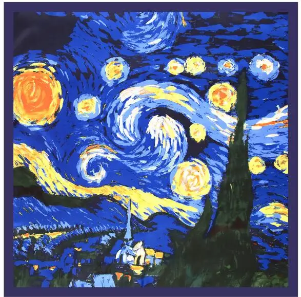 

130*130cm Women Silk Square Scarf Van Gogh Starry Night Oil Painting Shawls and Wraps Foulard Femme Luxury Hijab Head Scarves