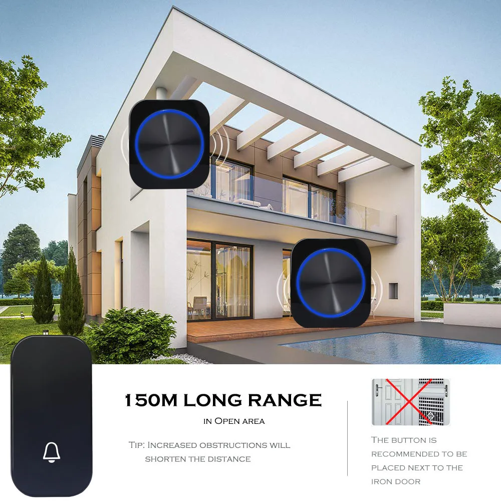 SMATRUL Self-powered Wireless DoorBell Door Bell Ring Chime Call Night Light No Battery EU Plug Waterproof 1 button 1 Receiver