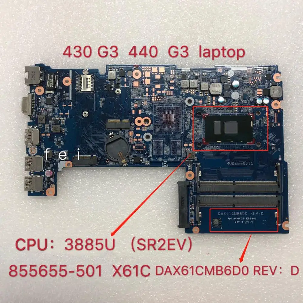 

DAX61CMB6D0 826376-001 for HP Probook 430 440 G3 Laptop mMotherboard SR2EV 3885U CPU DDR4 100 % Test Ok