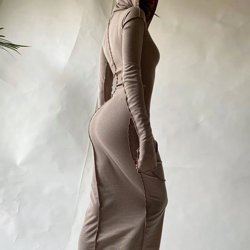 2023 Long Sleeve Hooded Patchwork Skinny Maxi Dress