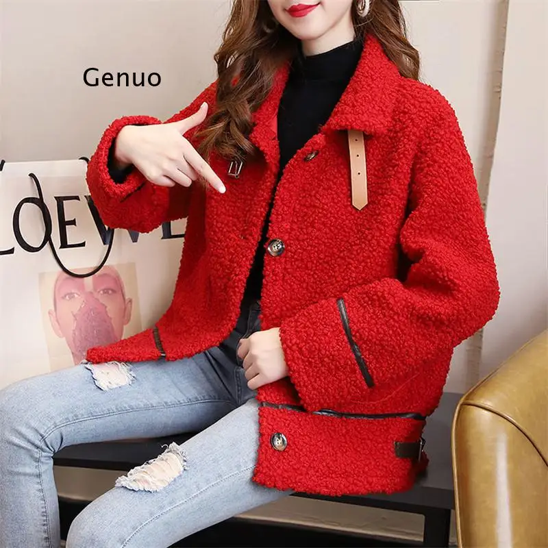 Thick Soft Fleece Jacket Faux Wool Jacket Women Pocket Buttons Overcoat Double Leather Buckle Lapel Windproof Teddy Plush Coat