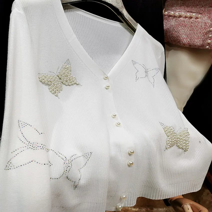 

Three-dimensional bow shiny rhinestone sunscreen air-conditioning cardigan women v-neck outwear