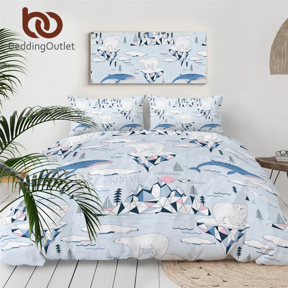 BeddingOutlet Polar Bear Quilt Cover Blue Whale Bedding Set Ocean Iceberg Blocks Bedspread Edredom Arctic Wildlife Bedlinen 3pcs