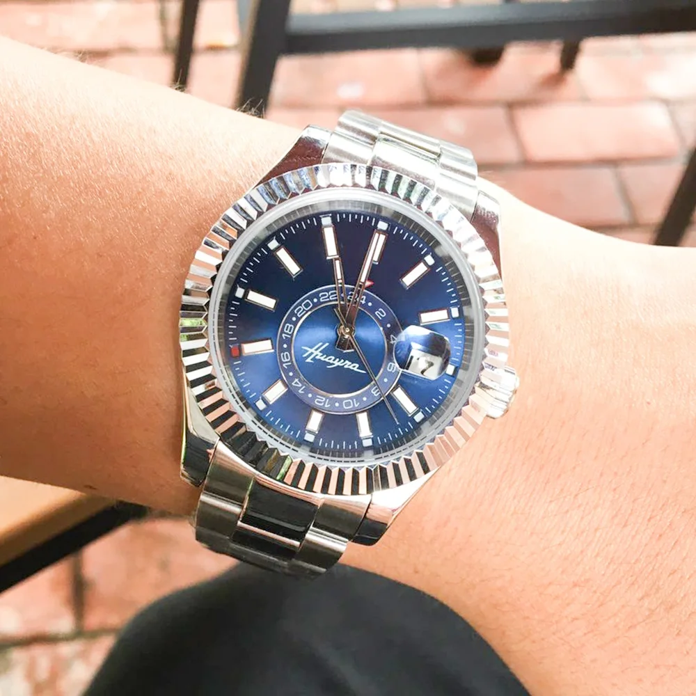 40Mm Heren Horloge Automatische Roestvrij Staal Waterdicht Silver Case Blauw Zwart Wijzerplaat Mannen Lichtgevende Horloge Vouwen gesp