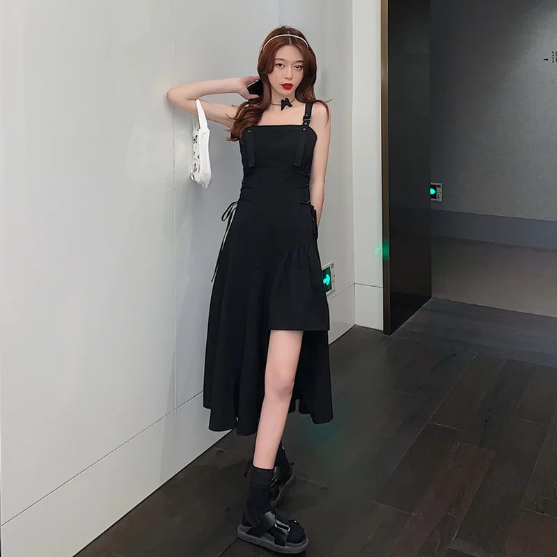 Streetwear Women Dress Fashion Summer Asymmetrical Sleeveless Sundress Lace-up Vintage Black Solid College Harajuku Chic Girls