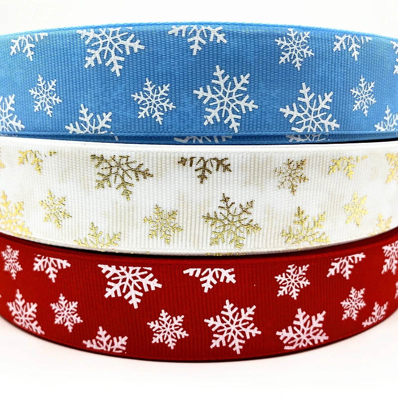 25mm Christmas Ribbon Printed Snowflake Grosgrain  for Gift Wrapping Wedding Decoration Hair Bows DIY, 5 Yards/lot