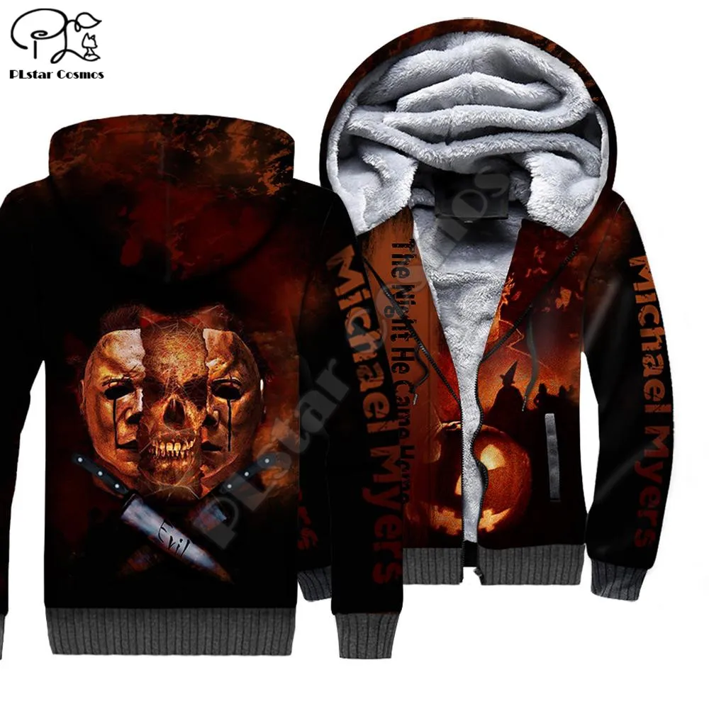 PLstar Cosmos Michael Myers Halloween 3D Print Winter Clothing Casual Warm Hood Thick Coat Zipper Man Fleece Hoodies Jacket M-3