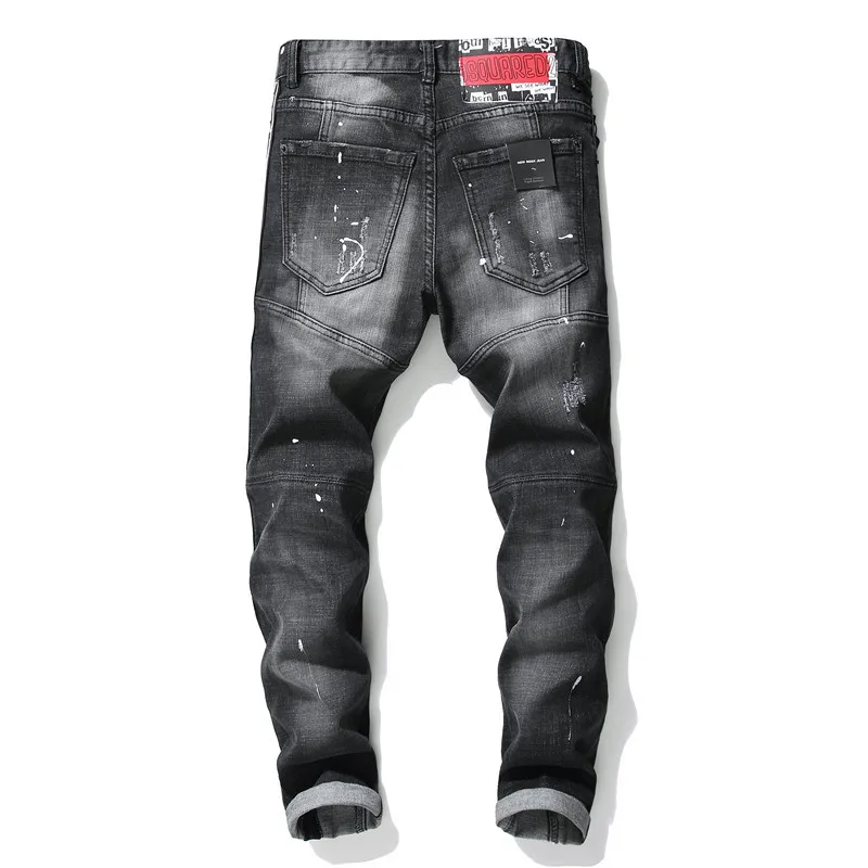 Autumn and Winter New Style Ragged Paint Stitching Men's Slim Stretch Jeans Black Tight Beggar Pants Distressed Jeans