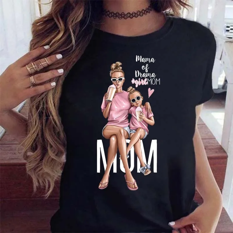 Women Clothing Cartoon Family Happy Time Mama Mom Mother Short Sleeve Clothes Print Tshirt Female Tee Top Graphic Black T-shirt