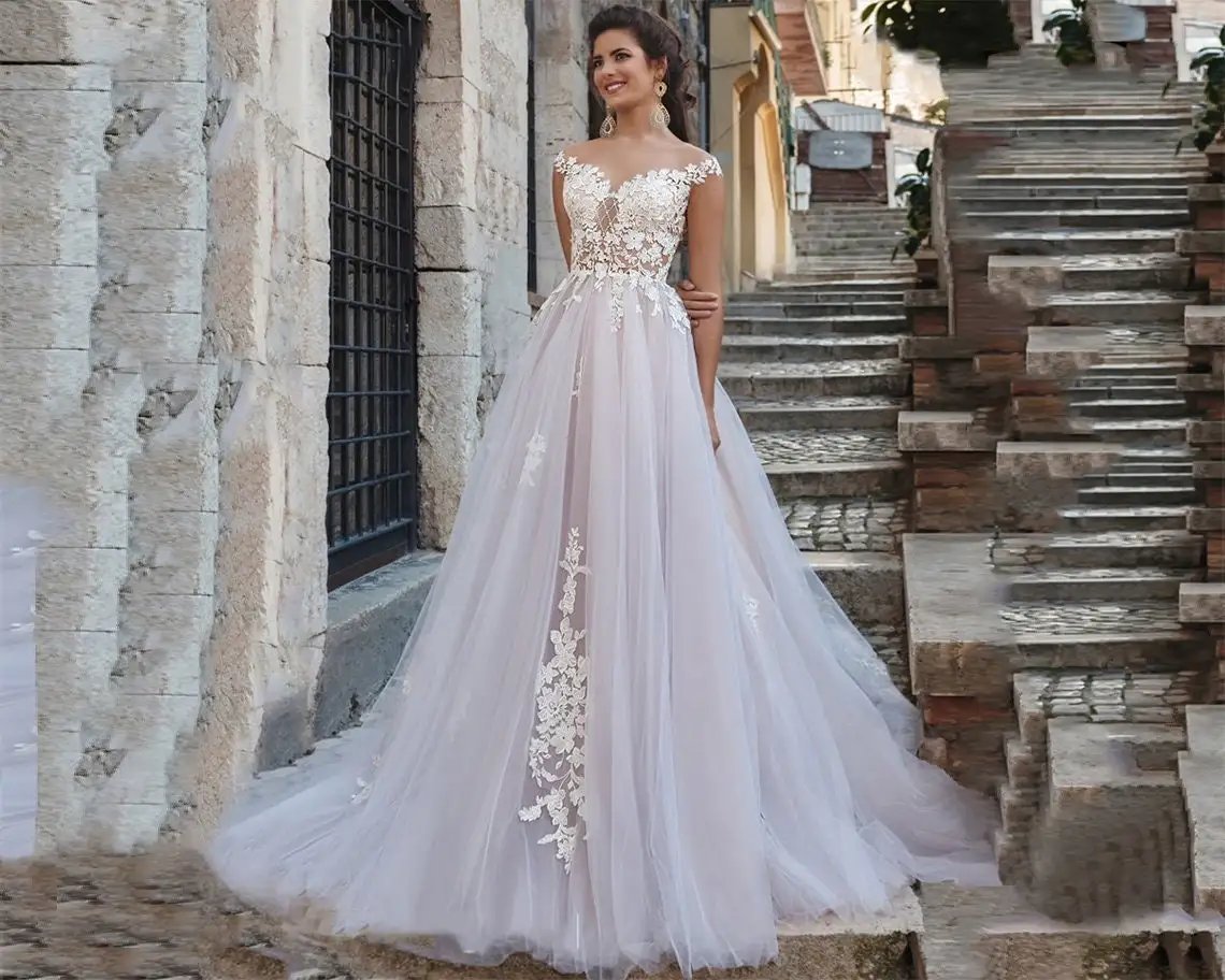 11669#Illusion O-Neck Cap Sleeve Lace Applique A-Line Boho Tulle Puffy Sweep Train Wedding Dress Wedding Gown Bridal Gown