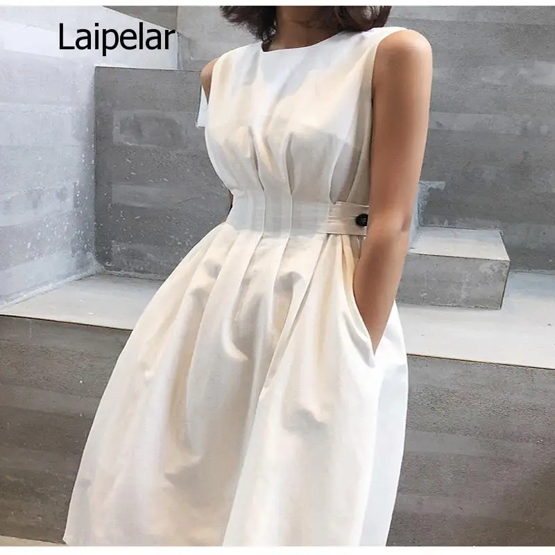 2021 Summer Women Solid White Black Fashion Elegant Casual Party Dress o Neck Sleeveless Tank Sundress Female Vestido