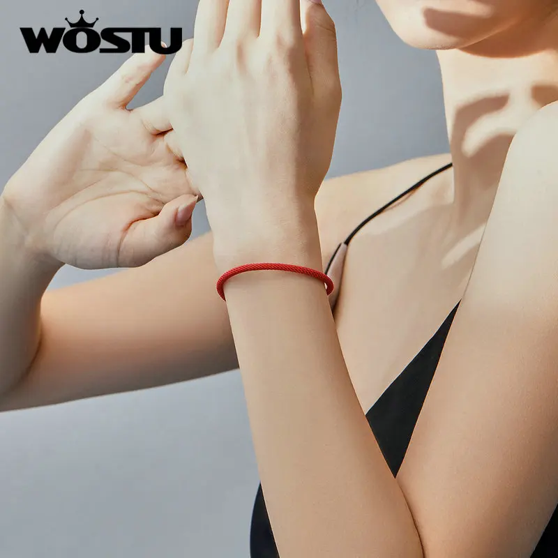 WOSTU 100% Real 925 Sterling Silver Red Black Gray White Rope Bracelet Classic Lucky Bangle Fit Beads Charms DIY Jewelry Making view 4