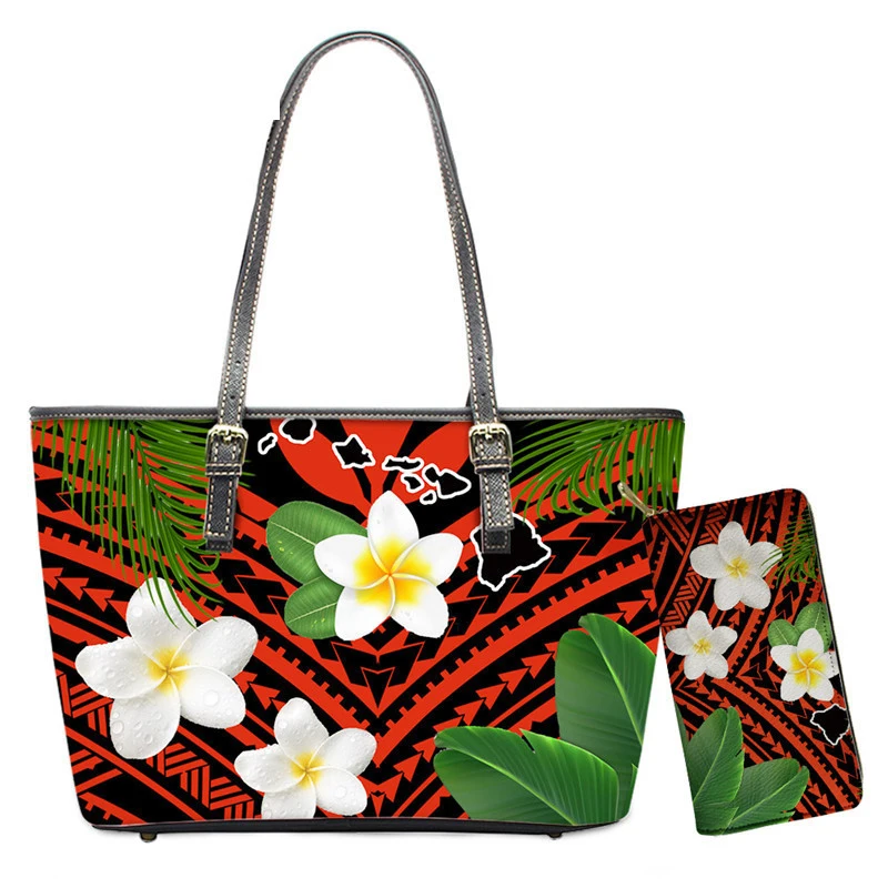 Noisydesigns 2Pcs Luxury Woman Handbag And Purse Set Pretty Pohnpei Polynesia Plumeria Print Leather Tote Bag For Holiday Sac