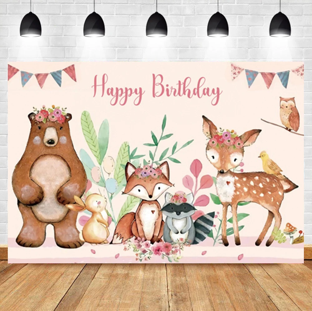 

Laeacco Baby Show Party Animal Bear Deer Fox Birthday Portrait Custom Photo Background Photography Backdrop For Photo Studio